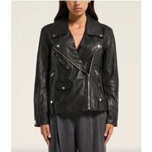 Viavia Genuine Leather Oversized Moto Jacket Black Pockets Lined Size Small